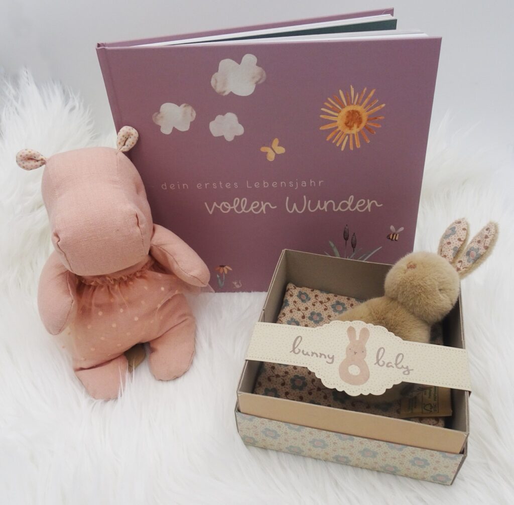 Babyalbum und Kuschelspielzeug in sanften Rosatönen auf weißem Hintergrund.